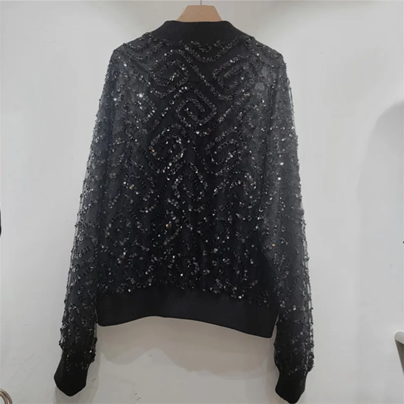 HKSH Women Sunproof Jacket Stand Collar Long Sleeves Zipper Heavy Craft Sequined Streetwear Chic Thin Coat Spring Summer HK21388
