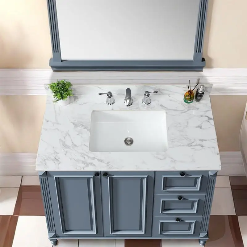 Encimera de baño de 43"x22", encimera de piedra sinterizada Carrara blanca con lavabo rectangular de cerámica empotrado y mueble de baño