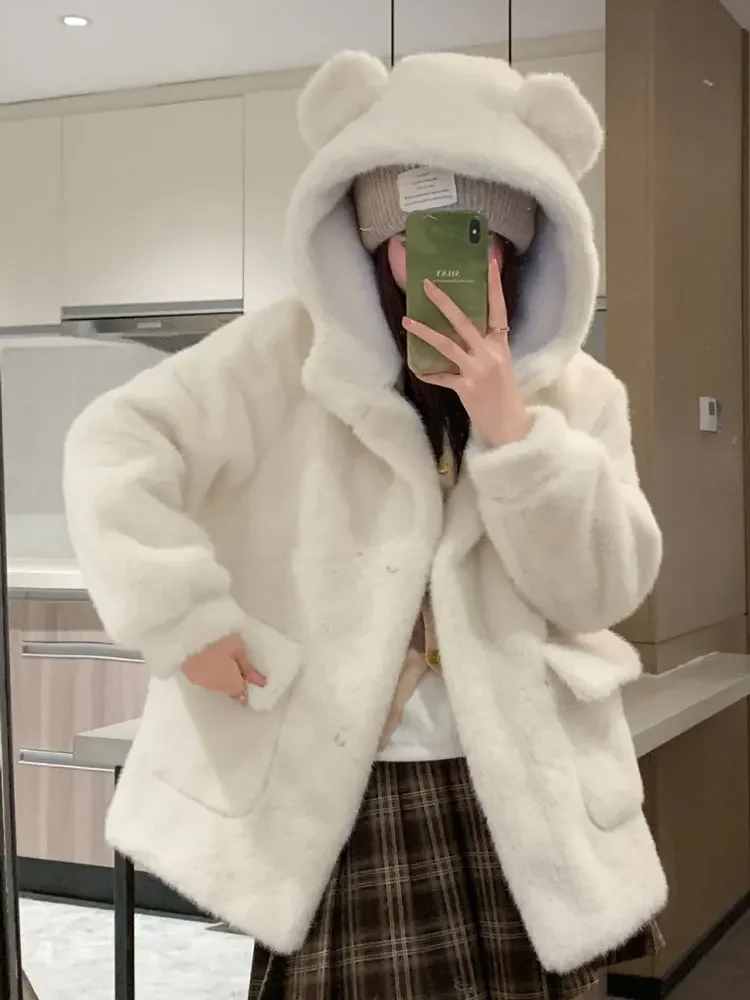 Cute Bear Ears Faux Fur Coat Loose Plush Hooded Sweatshirt Jacket Women's Winter Clothes Soft Thicken Outerwear Female Clothing