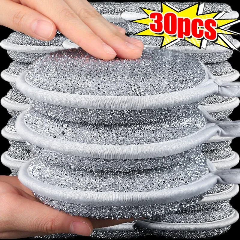 30/1pcs Double-side Silver Wire Dishwashing Sponges Highly Absorbent Kitchen Clean Pot Rust Stain Sponge Cleaning Brush Tools