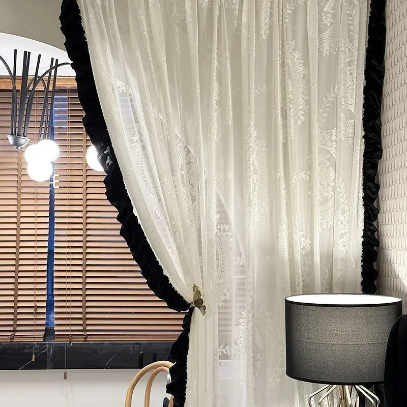 Custom Black and White Velvet Ruffle Heavy Embossed Curtain Sheer Style Hepburn Style French Retro Semi-Transparent Dream