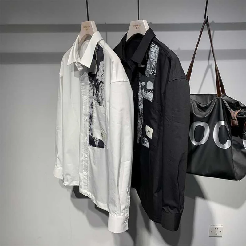 

Men Watercolor Print Contrast Color Long Sleeve Shirt Spring Loose Casual Versatile Shirt Jacket