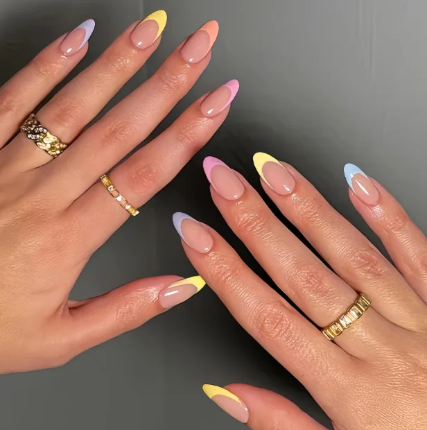 

Dopamine Rainbow French Press On Nails, Mid-length Almond Pastel Tips, Simple Cute Waterproof Reusable Fake Nails