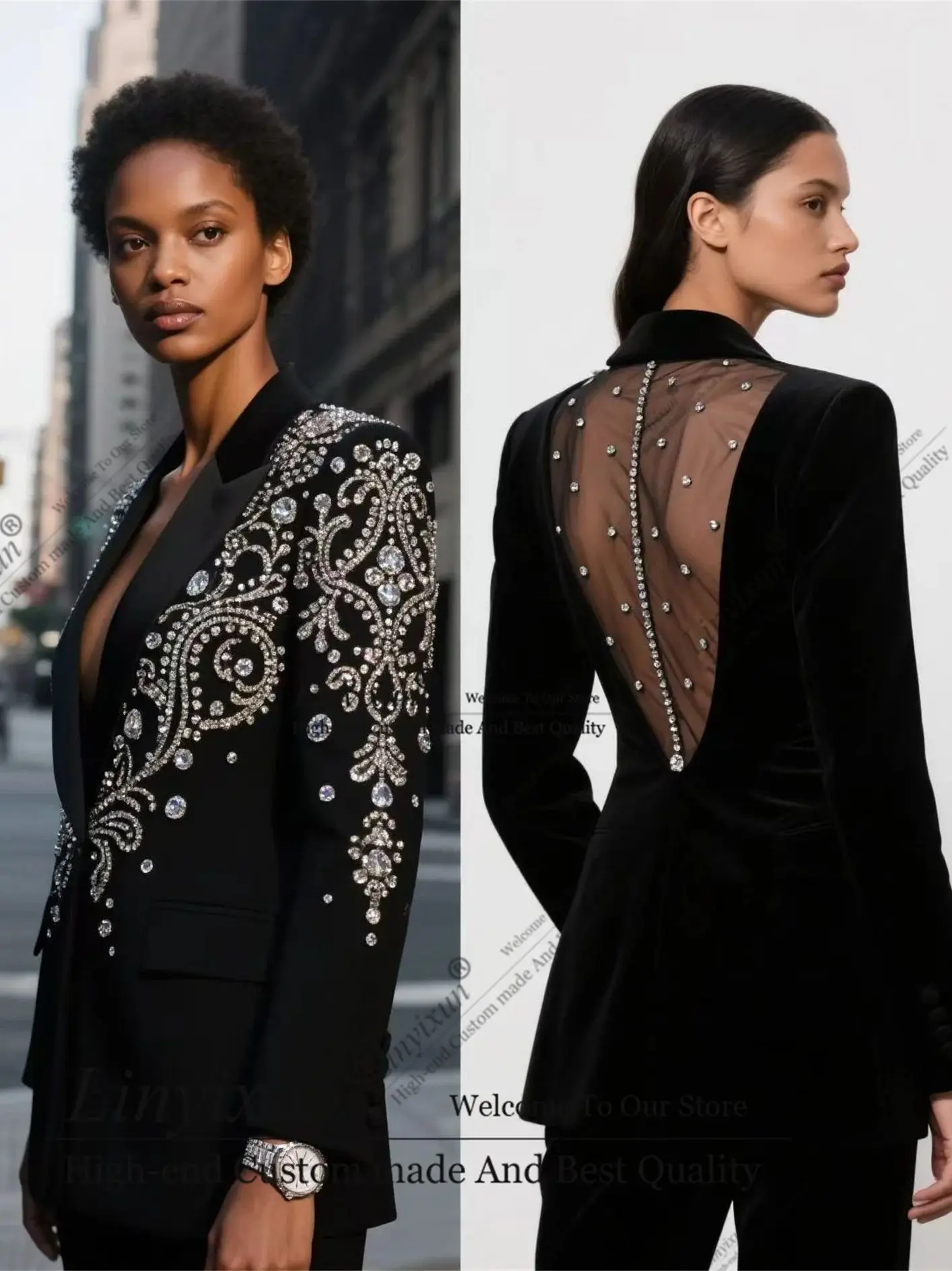 Unique backless design mod Crystal Diamond  Customized Women's Suit 2 Pieces пиджак женски Slim Womens Clothing Pant