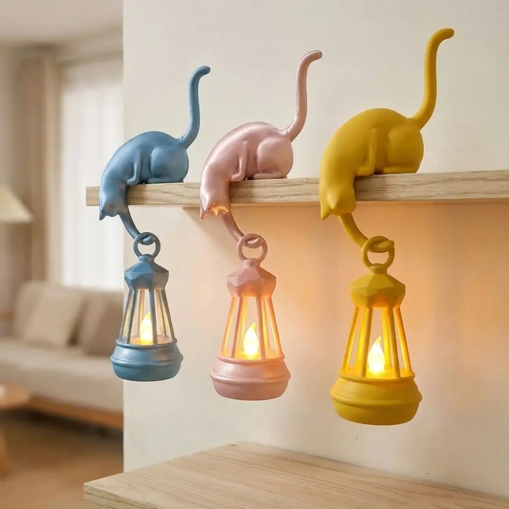3D Printed Cat Wall Hook Light with Lantern Vintage Style Cat Shaped Hook Inverted Cat Cute Figurine Cat Decor Lamp Entryway