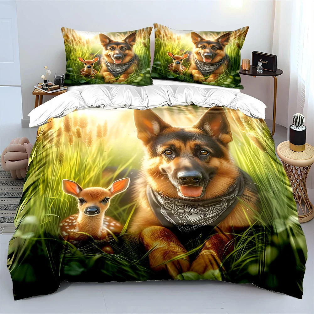 Fawn and dog in warm sunlight Bedding Set for Kids Luxury Gift 3pcs Digital Print Comforter Set Soft Comfortable Breathable