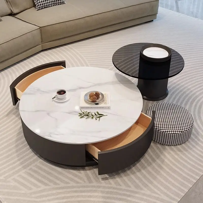 

Italian simple coffee table modern light luxury small apartment new living room home slate glass black round combination