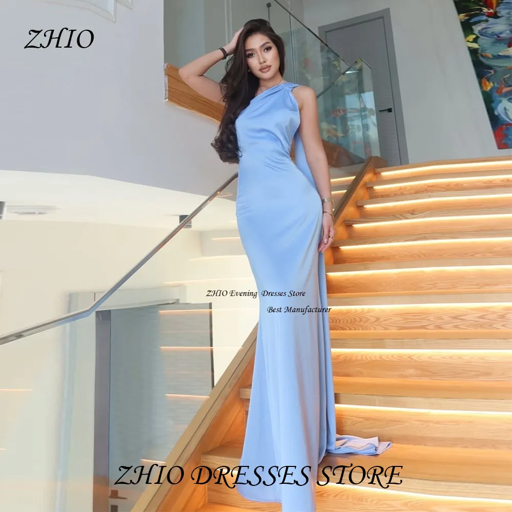 Zhi vintage cetim um ombro gola alta uma linha bainha vestido de noite com xale varredura trem sem costas vestidos personalizados