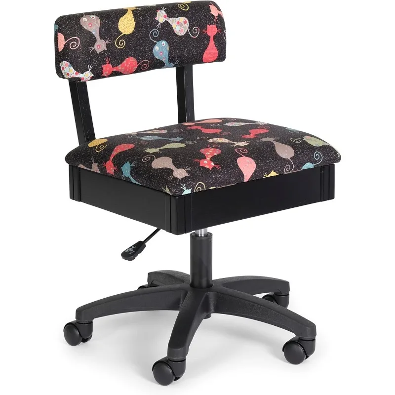 HCAT Adjustable Height Hydraulic Sewing and Craft Chair with Under Seat Storage and Printed Fabric, Black Cat Fabric