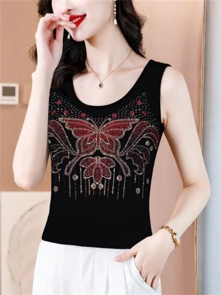 Hot Drill Vest For Women Sleeveless Top Summer Tank Top Slim Bottom Top Butterfly Camisole Outside Wear Femme Vest