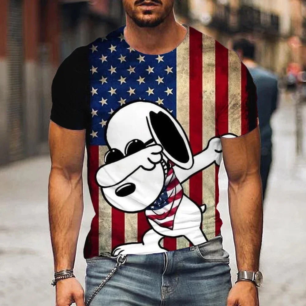 MINISO Summer Men Snoopy Printed T-Shirt Cute Cartoon Tops Tees Fashion Short Sleeve Clothing Male Daily Casual Streetwear