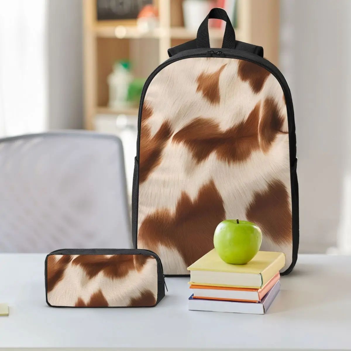 Stylish Cow Fur Cowhide Texture Cow Skin Print Backpack BookBag School Bag Shoulder Bags 3ps Insulated Lunch Bag Pencil Case