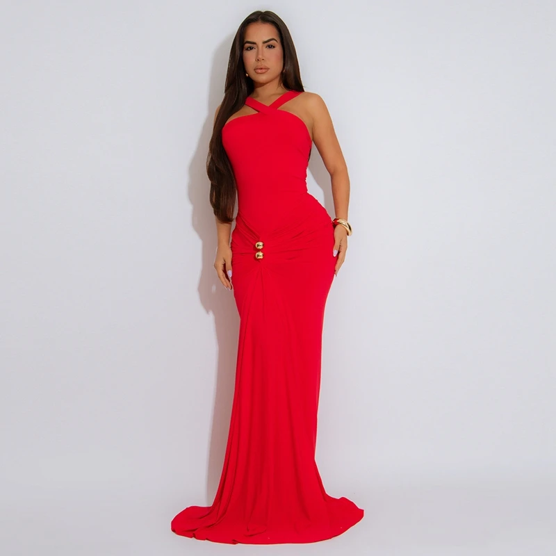 

STYLISH LADY Elegant Draped Maxi Dress 2025 Summer Women Sleeveless Backless Bodycon Solid Color Party OL Long Dresses