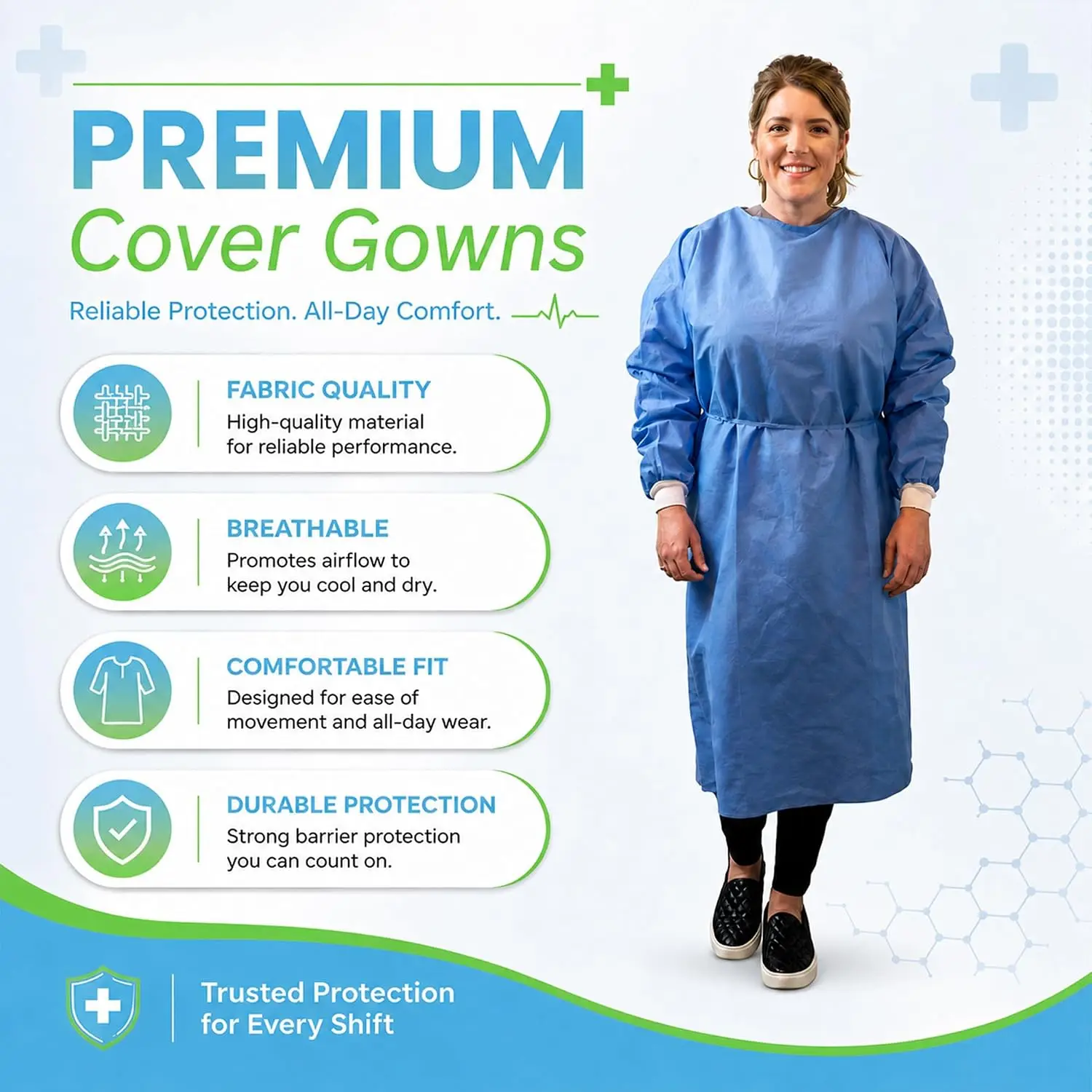 3 Disposable PPE Isolation Medical Gowns– Level 2, Full Back Coverage, Double Tie Closure, SMS 45g Material, Knit Cuffs, Unisex