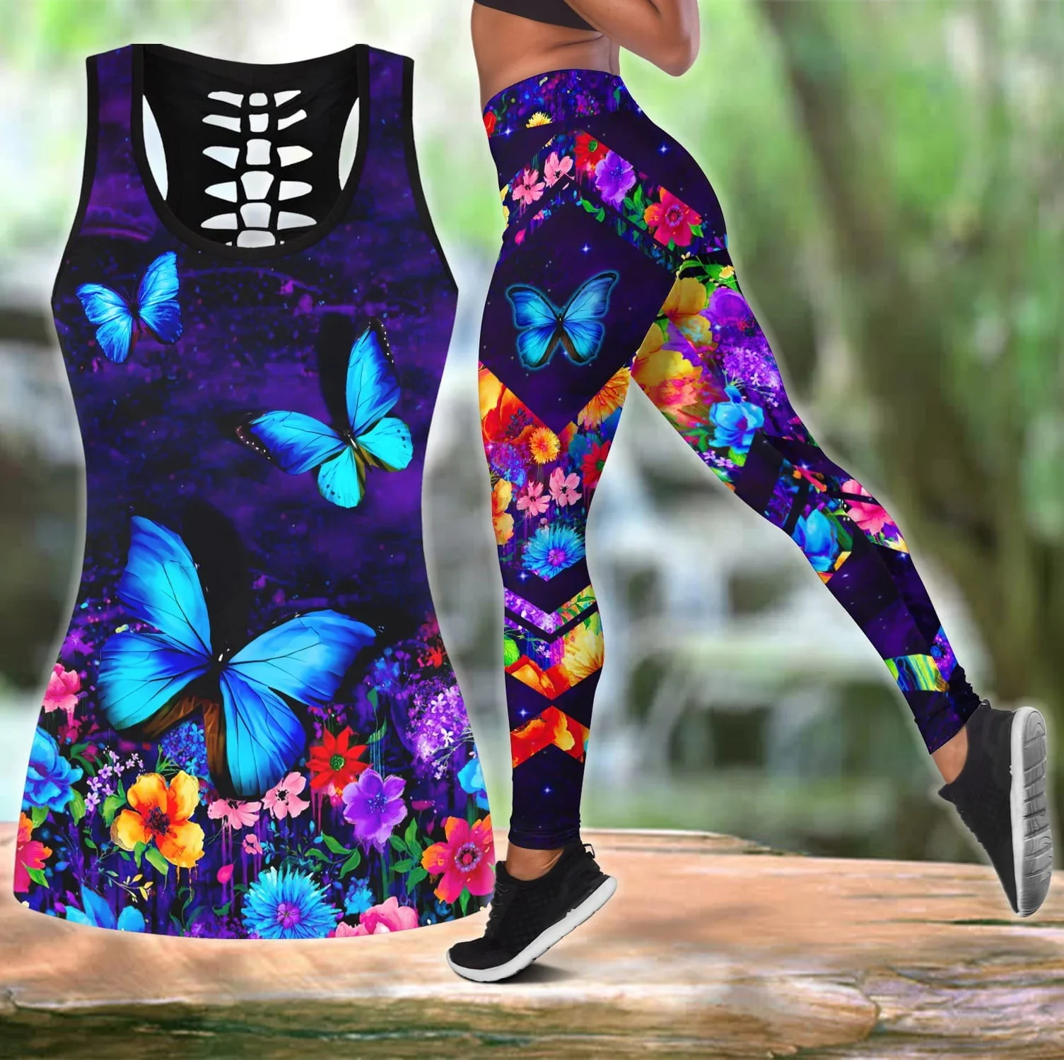 Motyl kolorowy 3D drukowane Hollow Tank Top i komplet legginsów Fitness kobiece legginsy pełnej długości spodnie do biegania jogi DDK110