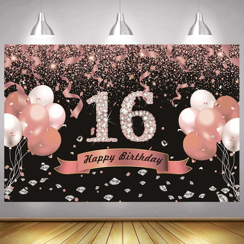 

Rose Gold 16th Backdrop Girls Happy Birthday Party Boy Sixteen Years Photography Background Adult Photographic Photo Banner