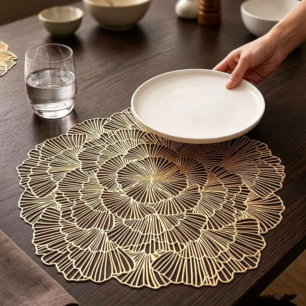 Ginkgo Leaf Peony Flower Hollow PVC Placemat Insulation Coaster Table Mat Cup Pads Bowl Home Kitchen Wedding Party Holiday Decor
