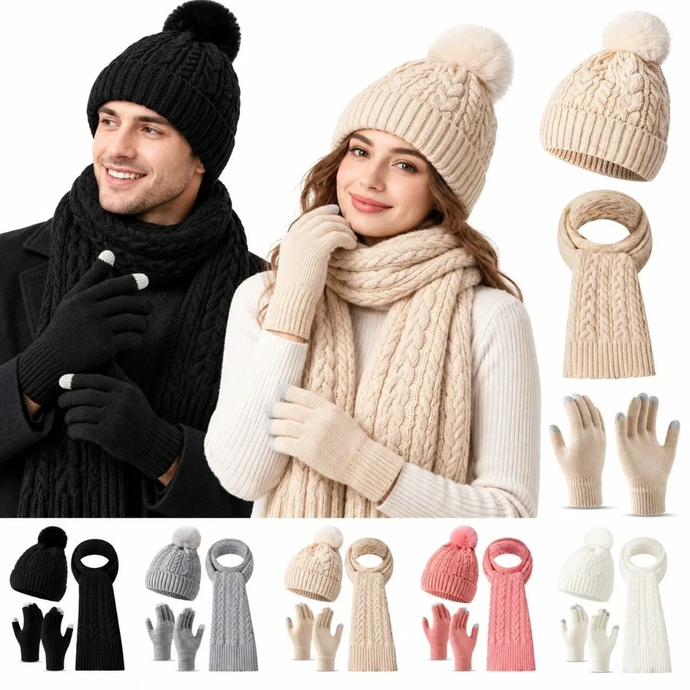 3Pcs/Set Warm Winter Hat Scarf Gloves Set Knitted Windproof Knit Beanie Snood Set Elastic Touchscreen Touchscreen Gloves