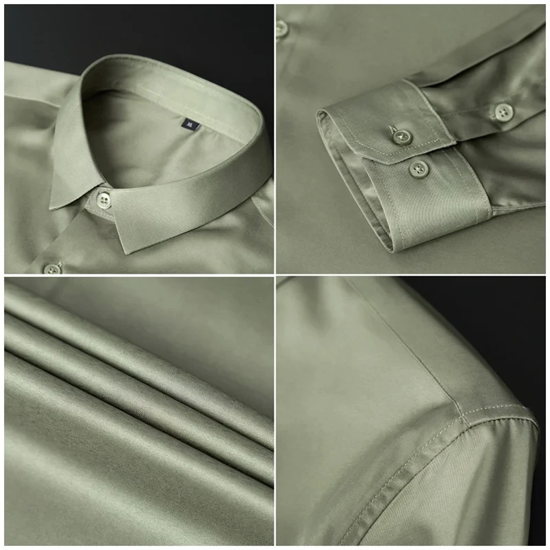 Camisa de manga comprida elástica masculina, Não engomar, Anti-rugas, Cor sólida, Lisa, Branco, Negócios, Casual, Trabalho, Social, Vestido, S-4XL