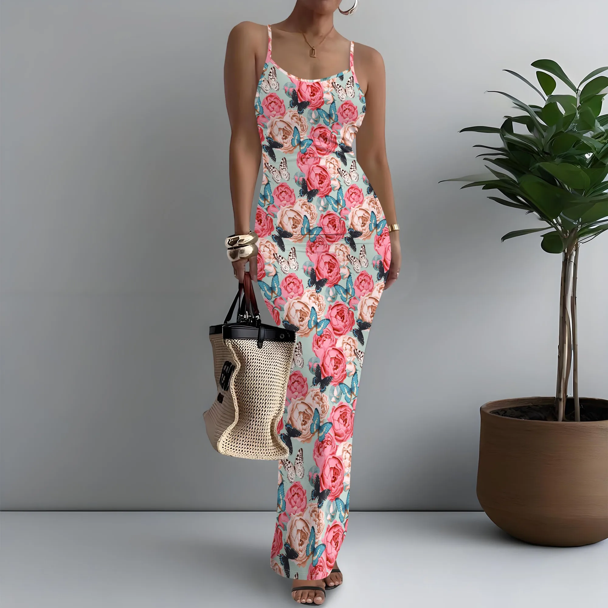 

Women's Spaghetti Strap Maxi Dress Retro Butterfly Print Vintage Sexy XS-3XL