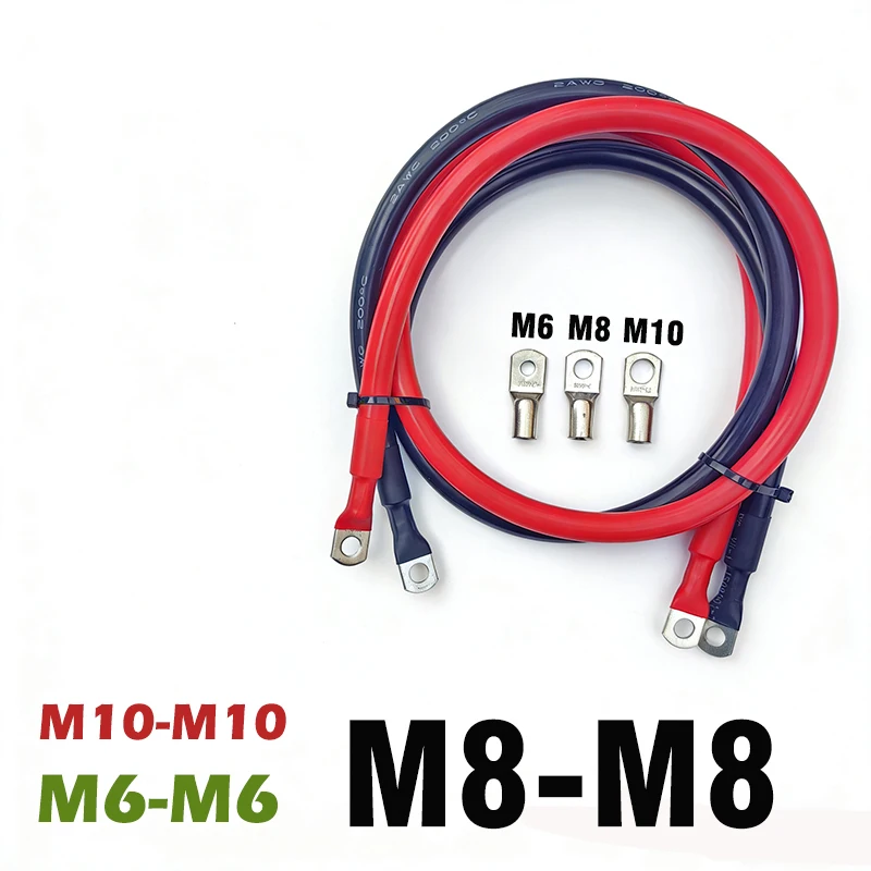 

10 8 7 6 4 2 0AWG Red And Black Super Soft Silicone Tinned Copper Wire Cable With M6 M8 M10 Terminal Lug For Inverter Car Solar