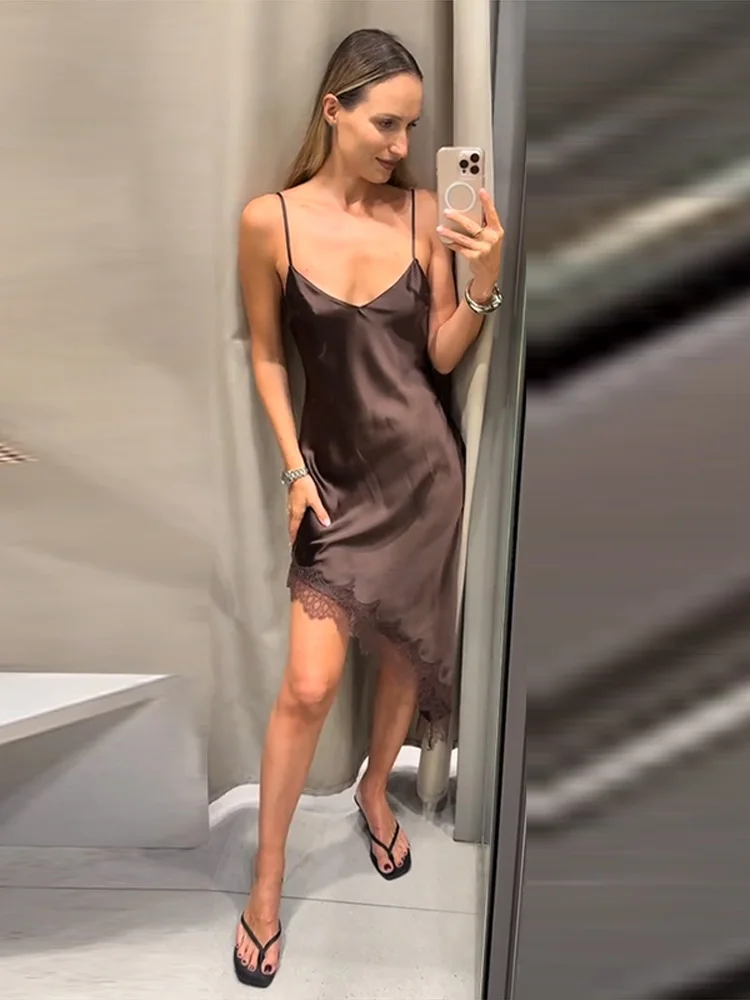 Vestidos sexis con tirantes de encaje para mujer, Vestidos irregulares con cuello en V y espalda descubierta de retazos, Vestidos ajustados de espagueti para mujer 2025