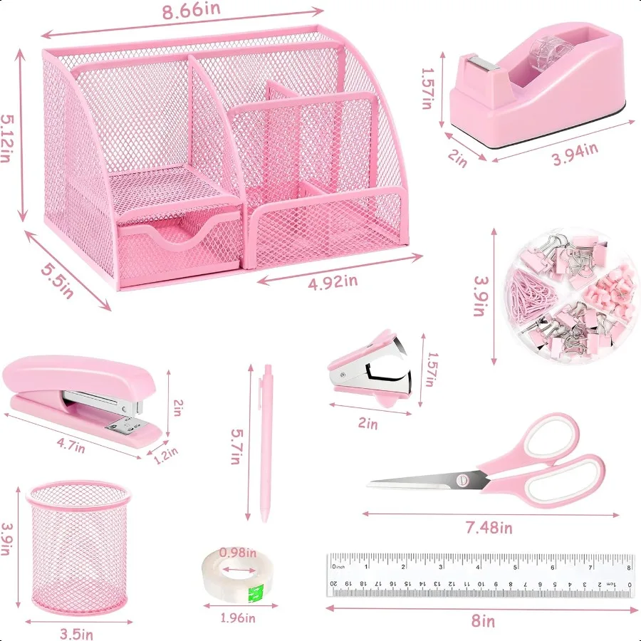 Accessori da scrivania per ufficio rosa Forniture 12 pezzi Organizzatori e accessori da scrivania con dispenser per nastro e cucitrice Punti metallici Staple Remo