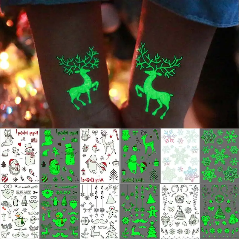 Luminous Tattoo Stickers for Christmas Party Glitter Santa Claus Snowflake Temporary Tattoos for Children Festival Body Art