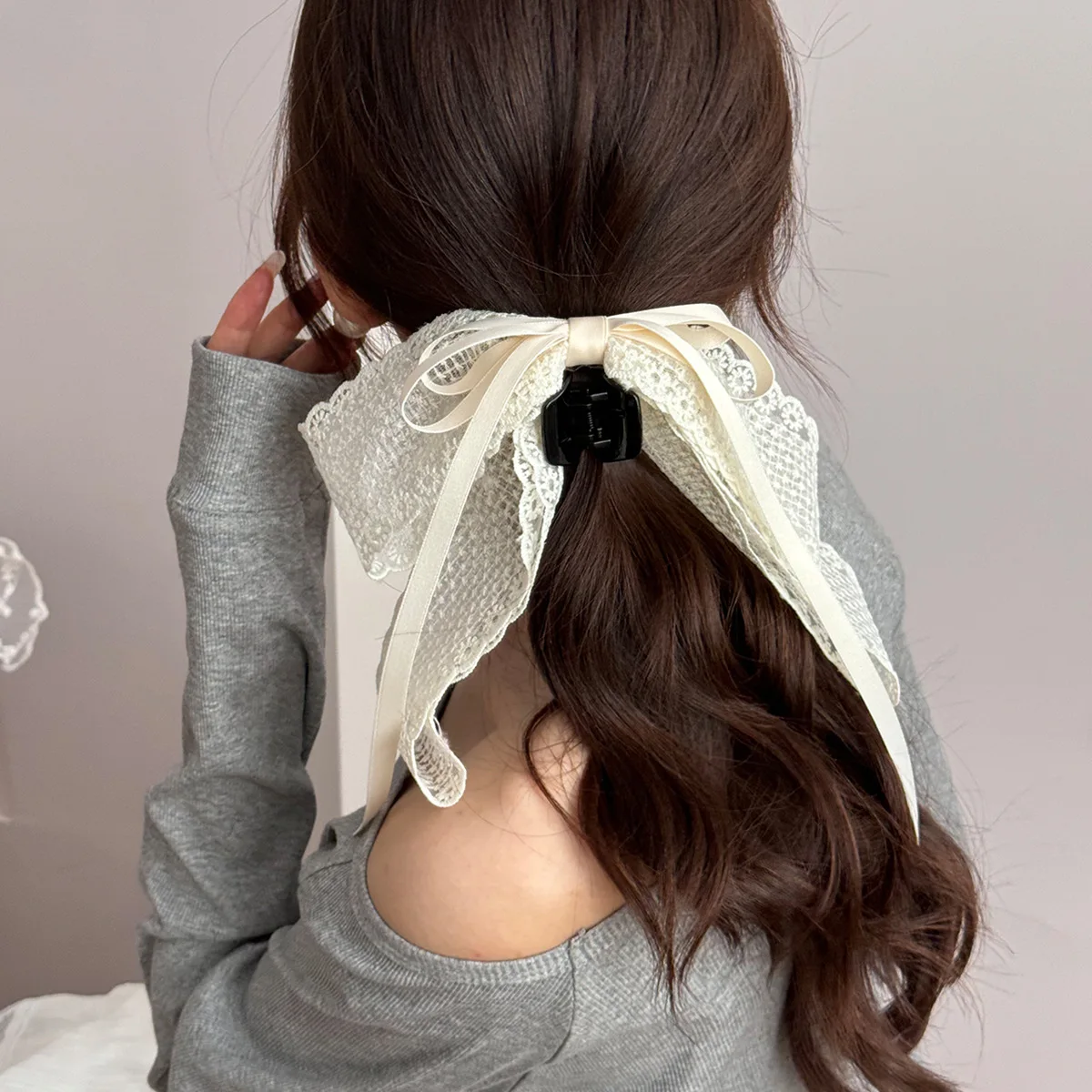 1PC Women's French Lace Bow-Tie Ribbon Hair Clip Summer Half-Updo Back-of-the-Head Pin-Curl Styling Accessory