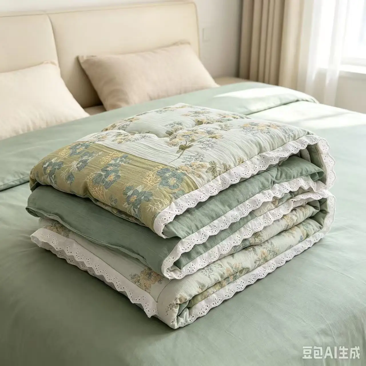 Vintage Floral Printed Quilt With Lace Trim Soft Breathable Double-Sided Lightweight Comforter For Bedroom Guest Room All Season