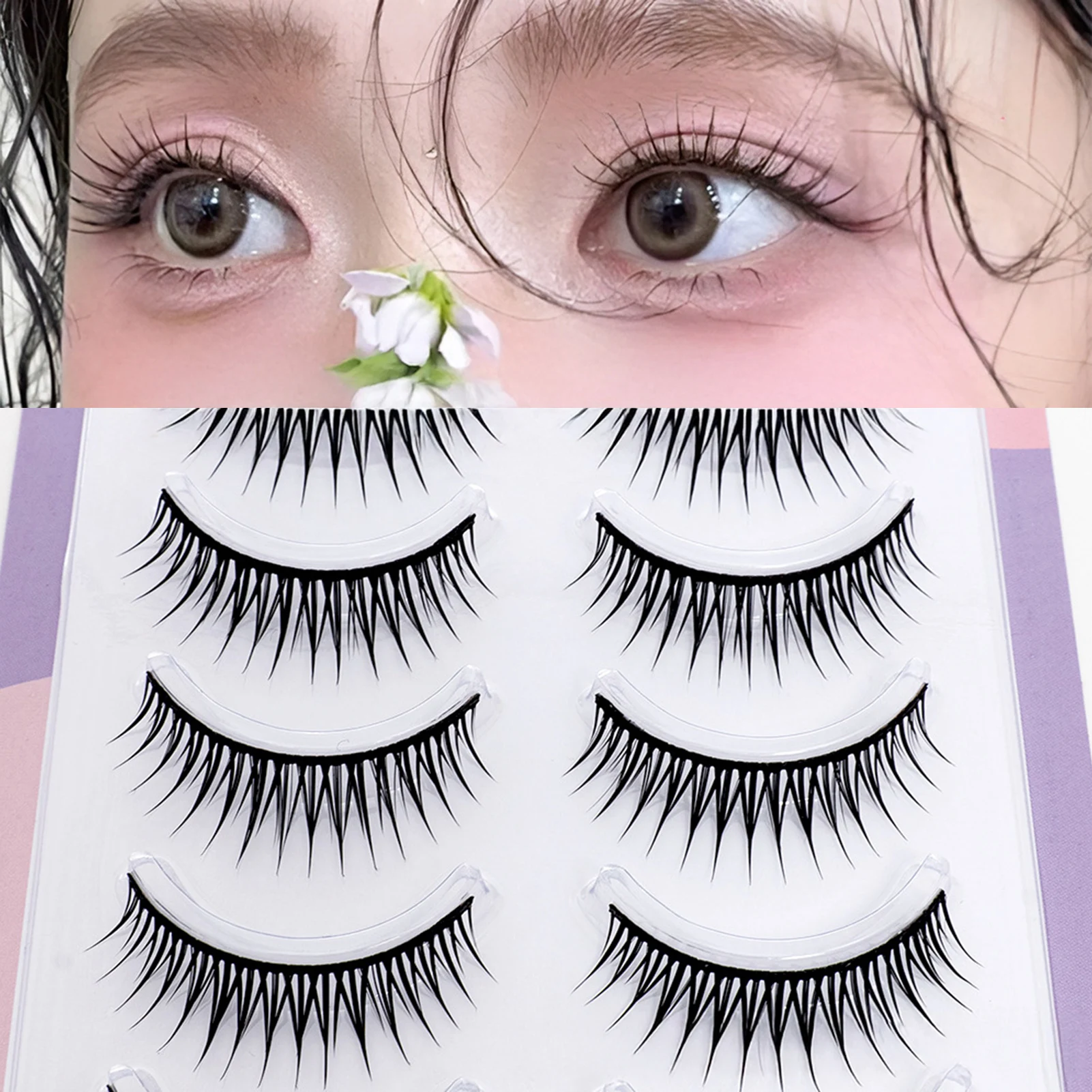 Falsche Wimpern im koreanischen Stil, kleberfrei, Vollstreifen-Wimpern, 5 Paar, Cosplay, Wispy-Streifen-Wimpern für Frauen und Mädchen, Make-up