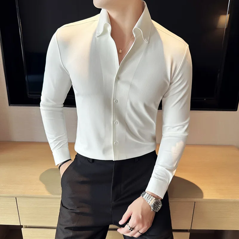 

High Elasticity Men Shirt 2023 Autumn Long Sleeve Dress Shirt Solid Casual V-neck Slim Fit Camisas British Style Men Clothing