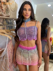 Modphy 2024 Summer New Gradient Hollow Out Woolen Woven Diamond Design Set Women's Sexy Crop Top + Mini Skirts Two Piece Set