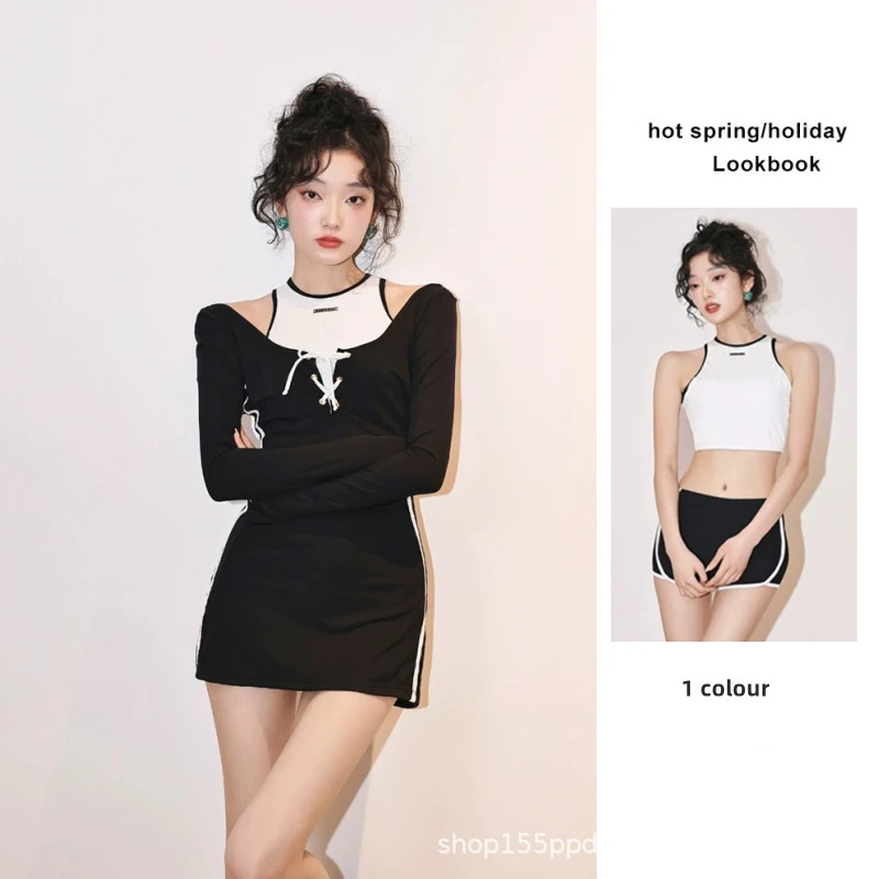 Trendy Long Sleeve American Sports Split Swimsuit Women Tummy Conceal Conservative Slimming Outfit For Student Beach Hot Spring