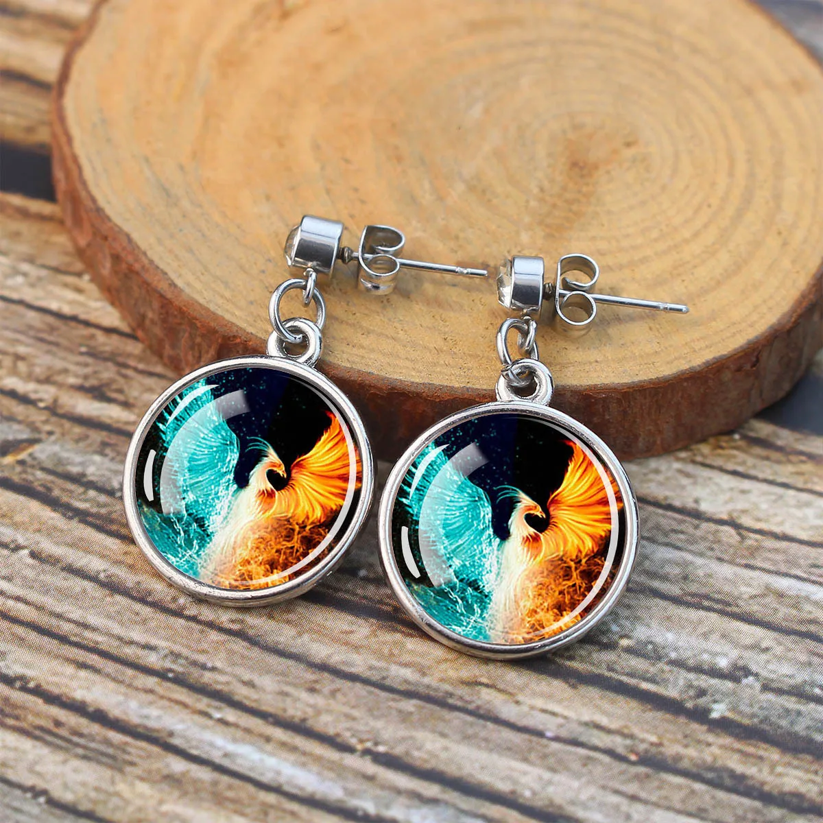 1pair Yin Yang Phoenix Divine Beast Theme Mythical Legend Pattern Glass Dome Dangle Earrings Silvery Frame Drop Earrings Gift