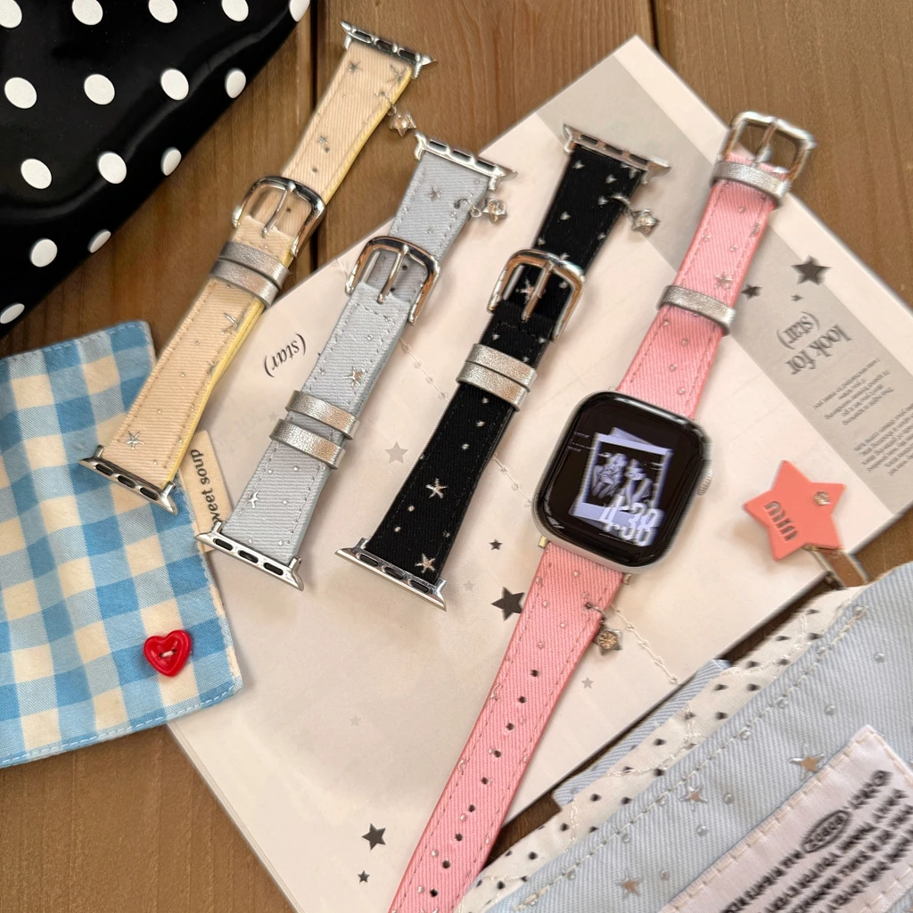 

Korean Style Star Pattern Canvas and Leather Woman for Apple Watch Band Series 8/7/6/10 40mm 41mm 38mm 42mm 44mm 45mm 46mm Strap