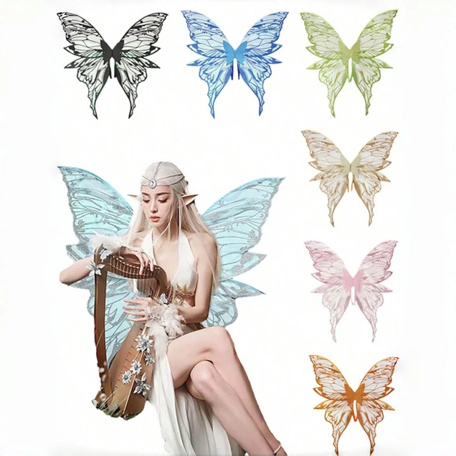 Women Transparent Shimmer Angel Butterfly Wings, Gold Foil Decor Fairy Wings for Holiday Party Cosplay