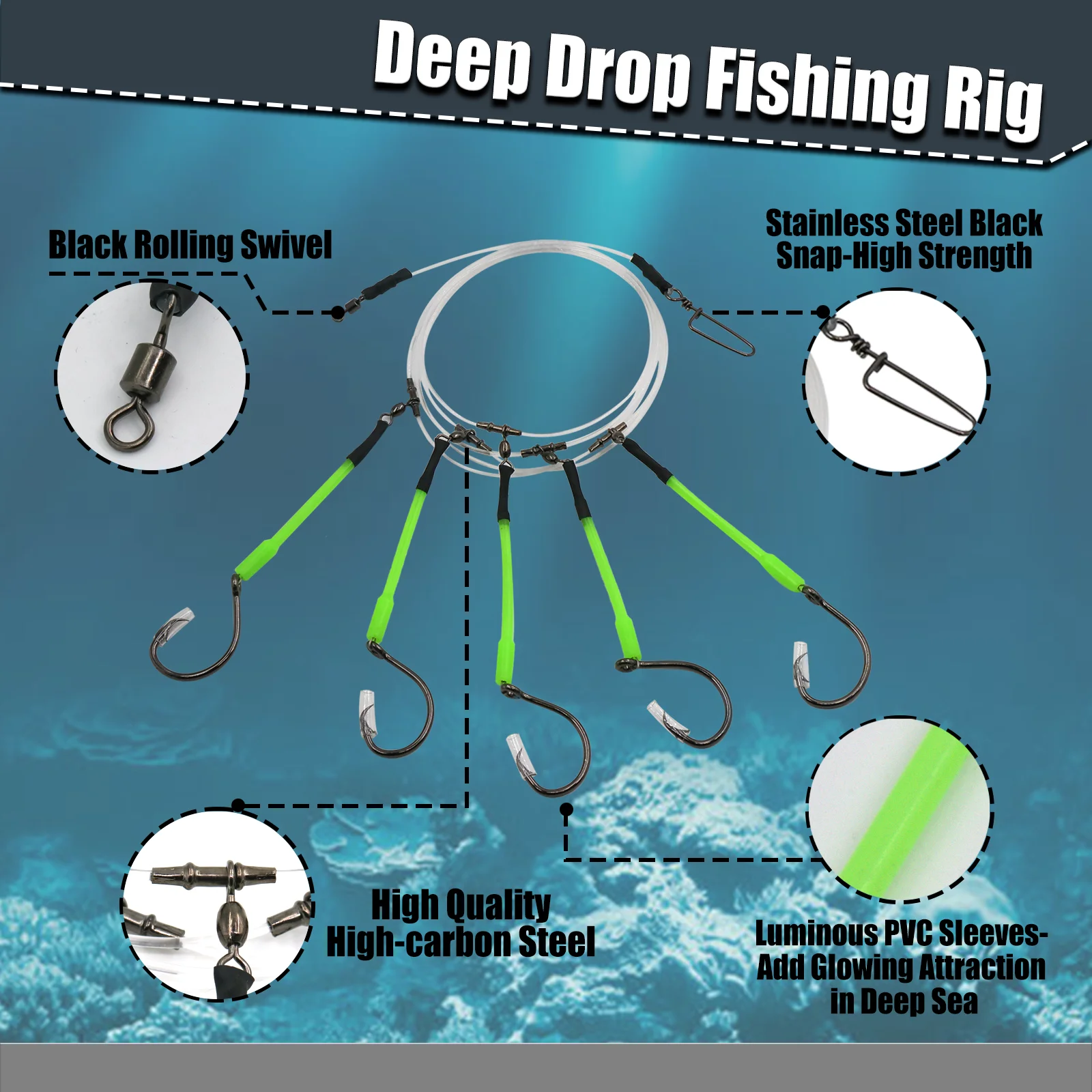 9KM Deep-Drop-Angelrig mit Haihaken, leuchtenden PVC-Hülsen, Snapper-Rig, vormontierte Salzwasser-Rigs für große Fische, Hai, Thunfisch – Detail 2