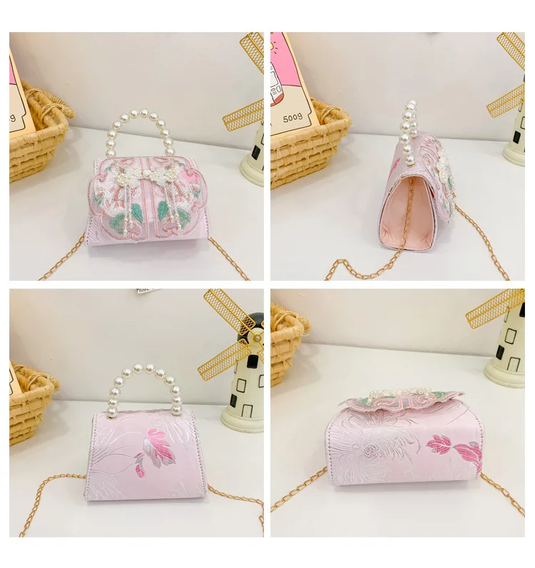 حقائب يد للأطفال بسلسلة بمقبض لؤلؤي، حقيبة كروس للأميرة للبنات مطرزة بالزهور الصينية الجديدة، حقائب كتف للأطفال من الدانتيل الحلو
