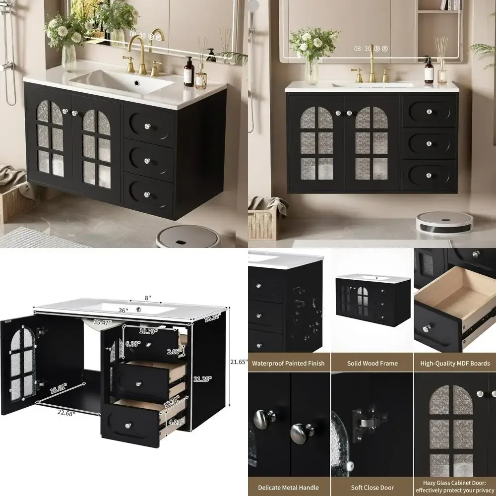 

Навесная тумба для ванной 36 дюймов с керамической раковиной и 3 ящиками, 2-дверный шкаф с функцией плавного закрывания.