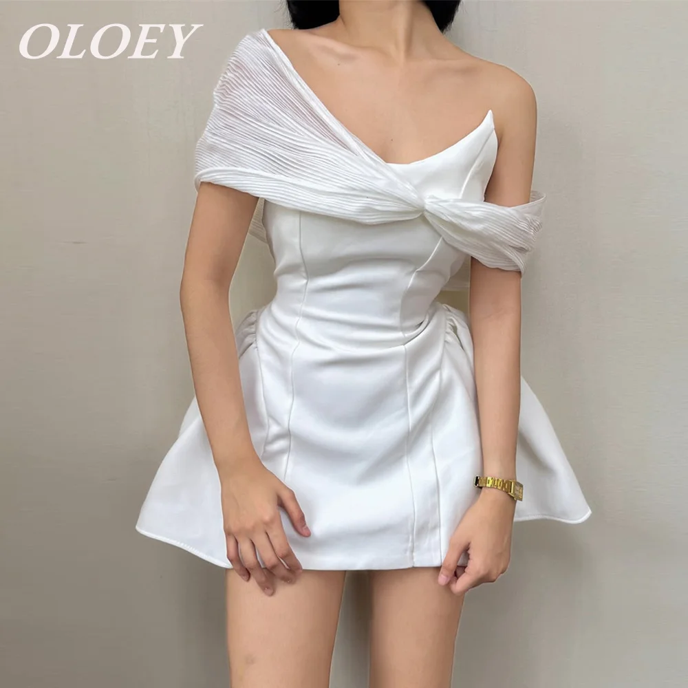 

OLOEY Simple Ivory A Line Short Prom Cocktail Dress Off the Shoulder Pleat Satin Puffy Mini Wedding Party Gown Customized