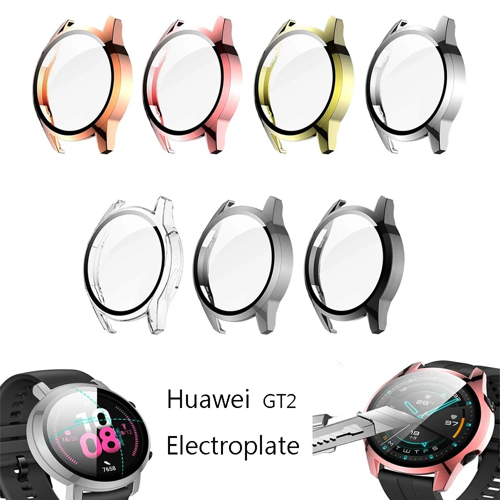 Case for Huawei Watch GT2 46mm 42mm [Full Coverage], Electroplated Case Bulit-in Tempered Glass Screen Protector ，