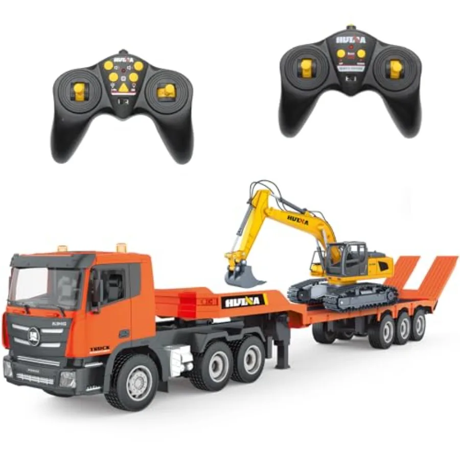 

RC Semi Truck Excavator Toy Set: 1:24 2.4GHz Remote Control Flatbed Truck with Excavator, ABS Plastic, Yellow/Gray, Sound, Ligh