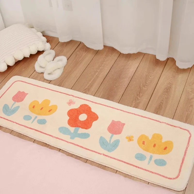 VIKAMA Cute Cartoon Flower Plush Carpet Bedside Table Soft Floor Mat Corridor Absorbent Non slip Floor Mat Home Decoration