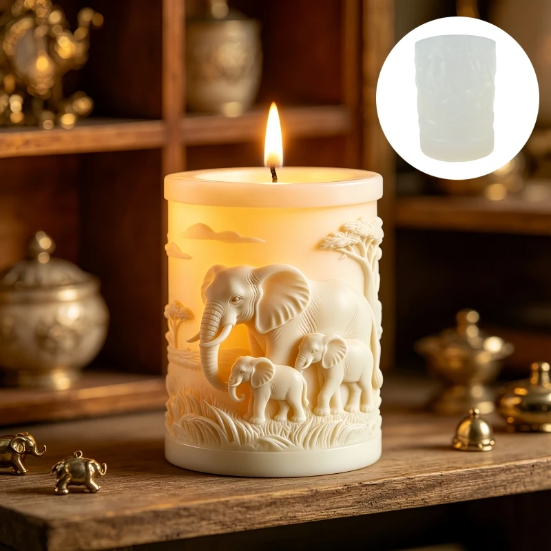 Elephant and Elephant Child Cylindrical Candle Silicone Mold Elephant Mother Father and Baby Elephant Relief Gypsum MoldS
