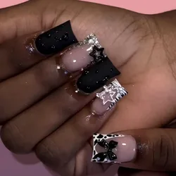 24pcs Short Dduckbill Fake Nail Patches Glossy Black Bowknots Star Shiny Rhinestone Decor Press On Nail Leopard Print Manicure