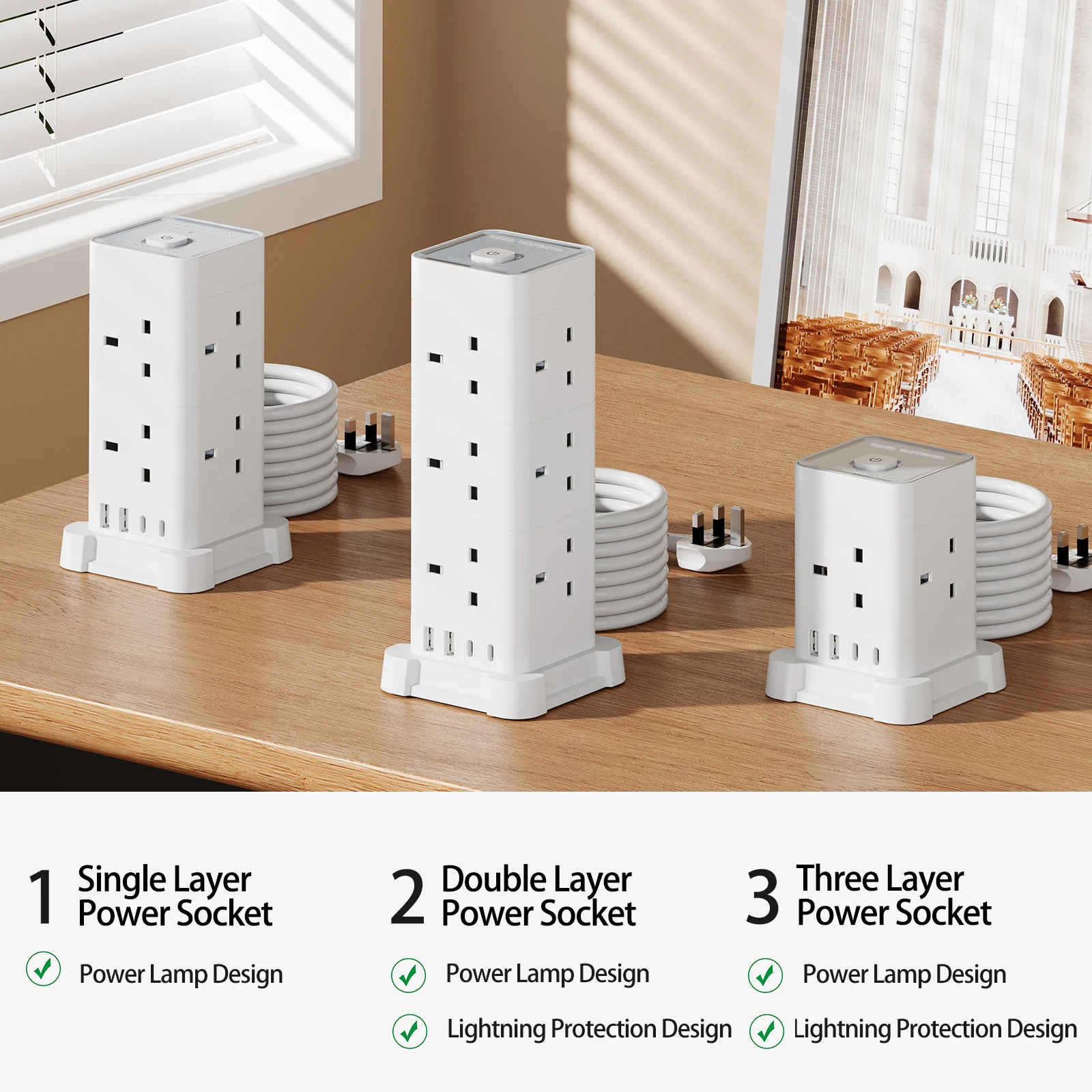 British Standard Multi-Circuit Power Outlet Vertical Power Plug Tower Outlet USB Type-C Surge Protector Circuit Extension Cord