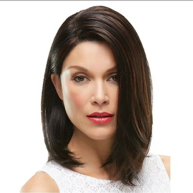 Short straight wig, brown-black mixed color wig, middle-parted bob with side-parted bangs