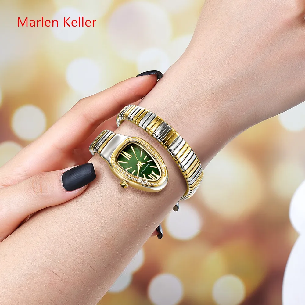 ยี่ห้อ Marlen Keller แฟชั่นงูนาฬิกาผู้หญิง Luxury Gold Quartz นาฬิกาสุภาพสตรีชุดเพชร AAA นาฬิกาข้อมือสาว Reloj ขายร้อน