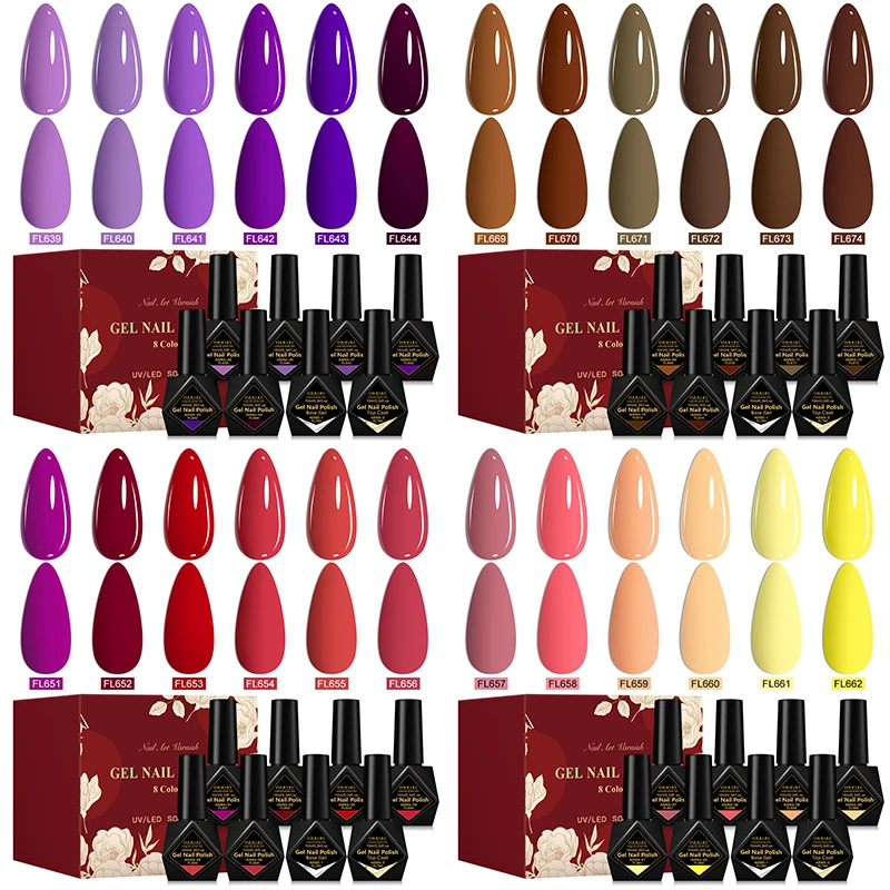 

FOUR LILY 8Pcs/Box Gel Nail Polish Set Included Base Top Coat Colorful Soak Off UV Gel LED Nail Art Manicure Kit Nail Supplies